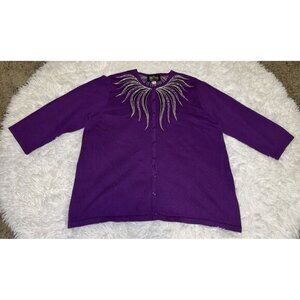 BOB MACKIE Womens Wearable Art Sweater Cardigan LARGE Purple Embellished Western